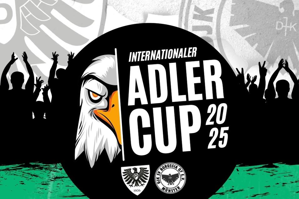 Grafik des Internationalen Adler Cups 2025 mit Publikumssilhouetten und vereinsbezogenen Logos im Hintergrund.