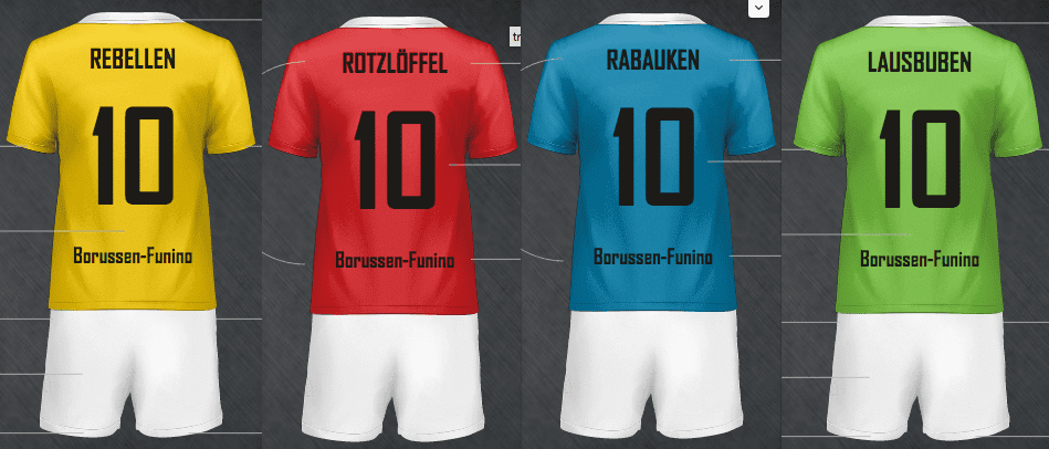 Vier Fu&szlig;balltrikots in Gelb, Rot, Blau und Gr&uuml;n mit der Aufschrift &bdquo;10&ldquo; und &bdquo;Borussen-Funino&ldquo; auf der R&uuml;ckseite.