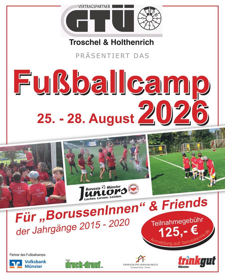 Plakat für das Fußballcamp 2026 mit Informationen zu Terminen, Teilnehmergebühr und Fotos von Kindern beim Training.