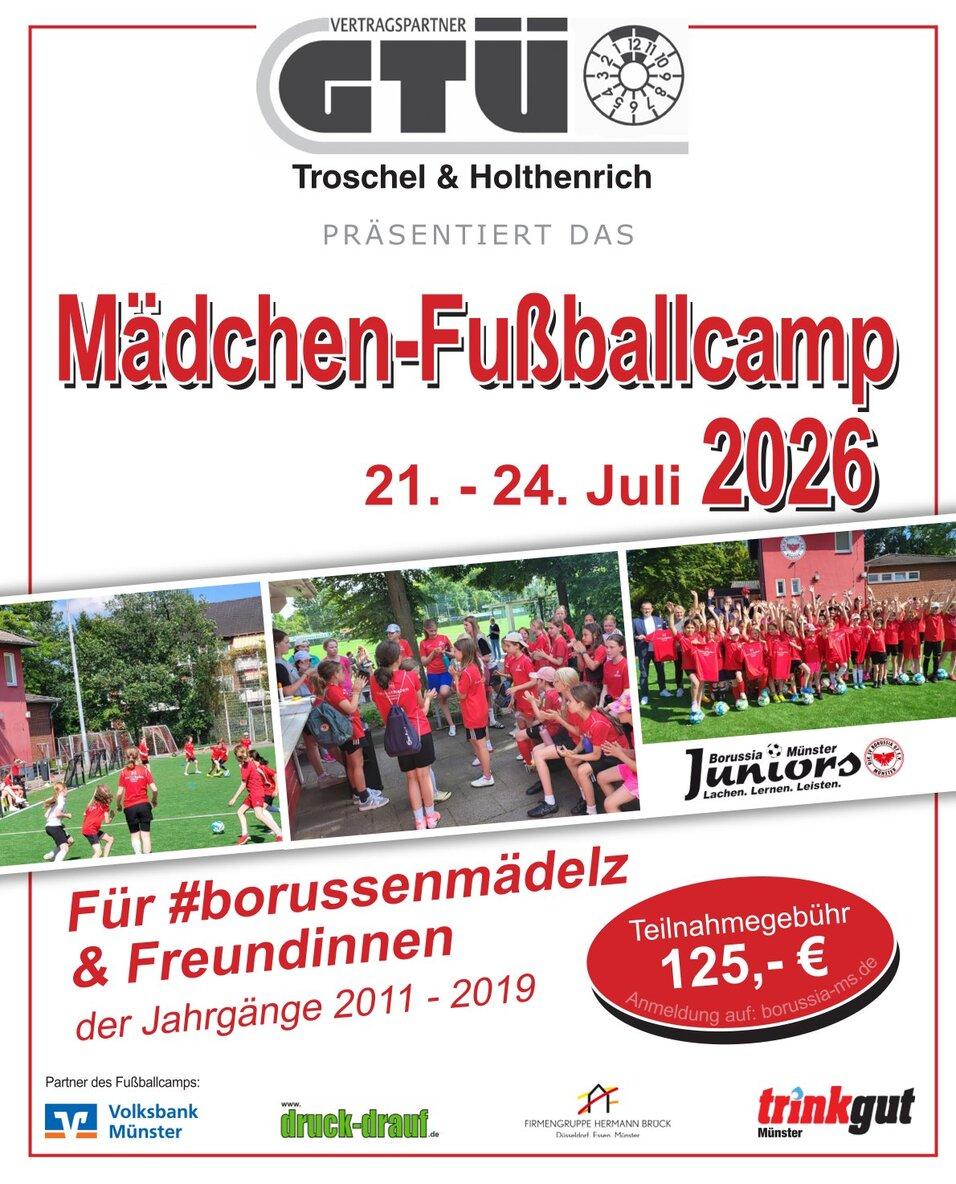 Plakat für das Mädchen-Fußballcamp 2026 mit Termindaten, Anmeldungsinformationen und Sponsorenlogos.