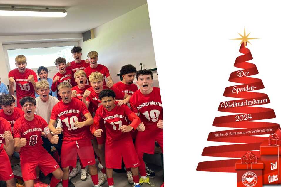 Gruppe freudiger Jugendlicher in roten Trikots posiert zusammen, neben einem Weihnachtsbaum aus Geschenken.