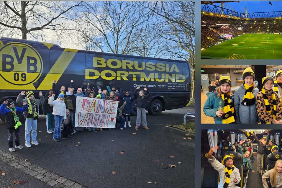Gruppe von Fans mit Banner vor dem Borussia Dortmund Bus, umgeben von Stadionimpressionen und jubelnden Anhängern.