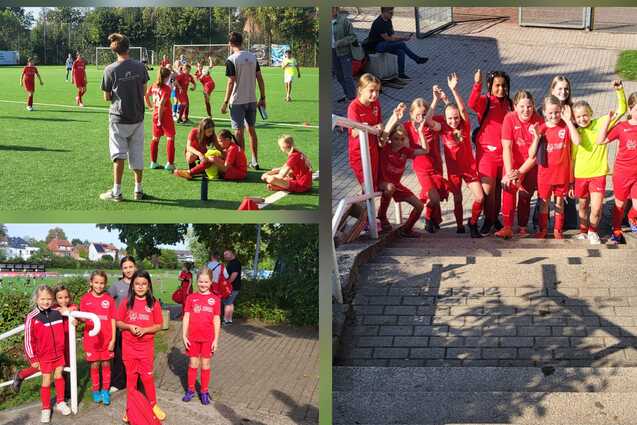 Verschiedene Gruppen von Kindern in roten Fu&szlig;balltrikots auf einem Sportplatz, einige jubeln, andere ruhen sich aus.