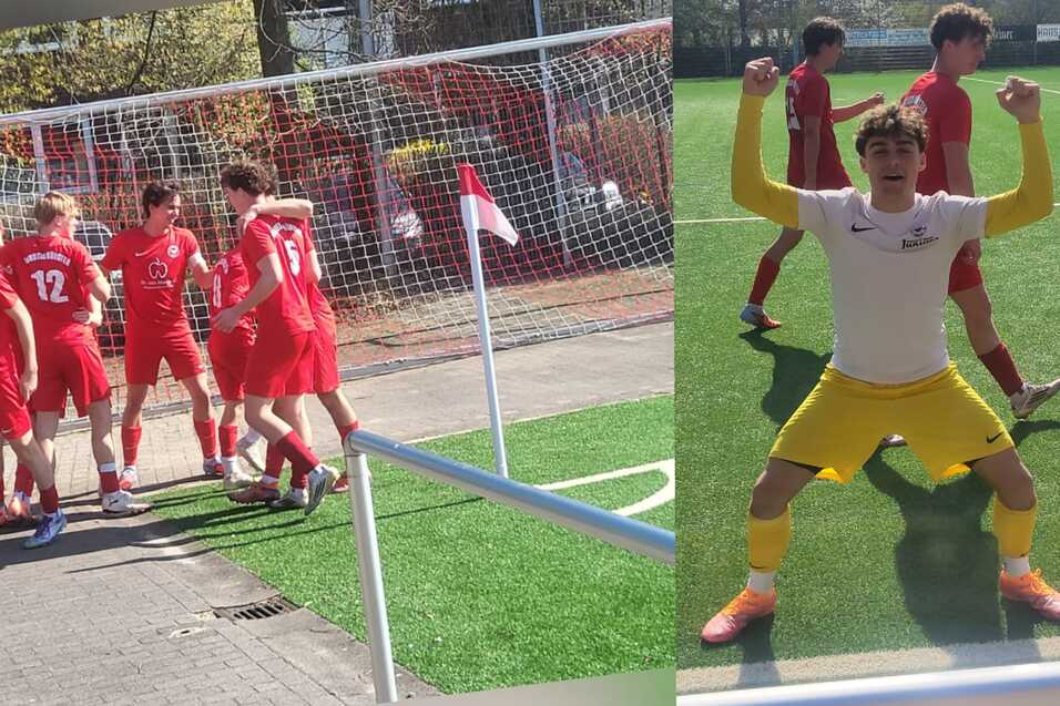 Fußballszene: Spieler in roten Trikots jubeln vor dem Tor, während ein Torwart in gelber Kleidung feiert.