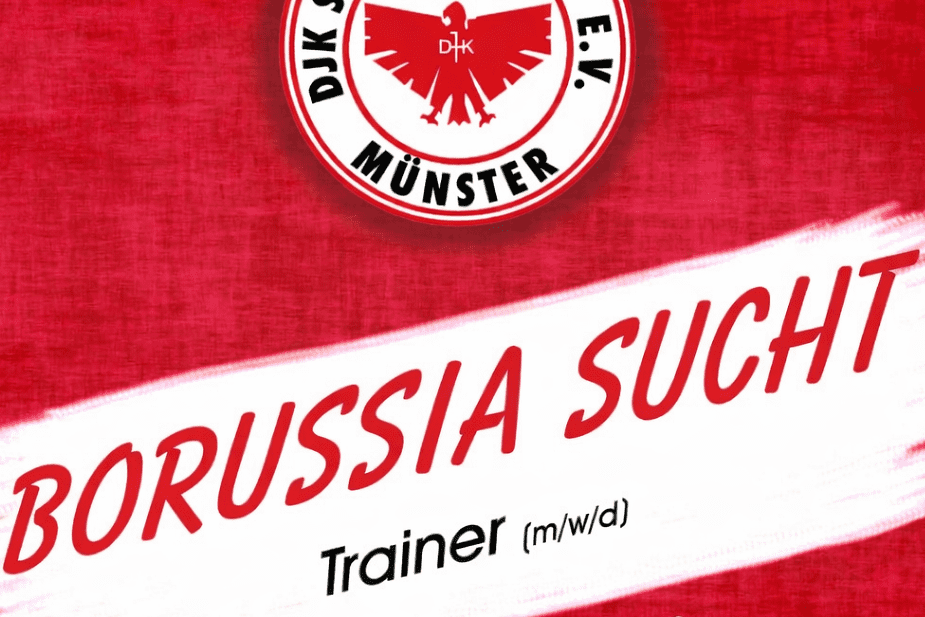 Anzeige mit rotem Hintergrund: "Borussia sucht Trainer (m/w/d) für die U19-1 Junioren" und Vereinslogo.