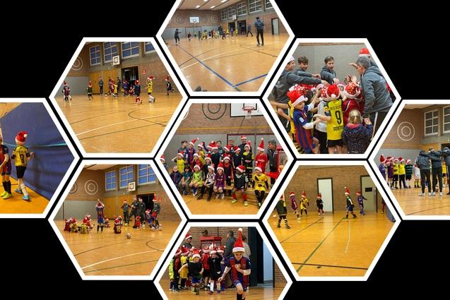 Kinder in Weihnachtsm&uuml;tzen spielen in einer Sporthalle und versammeln sich zu einem Gruppenfoto.