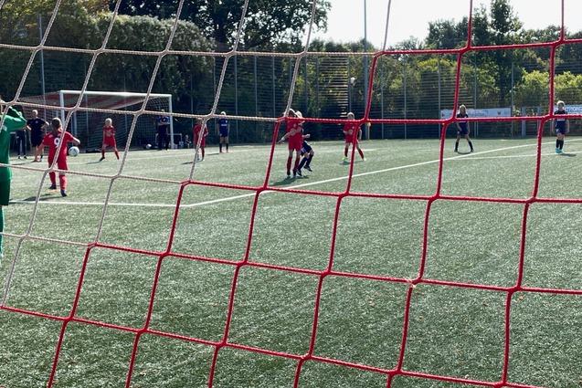 Sicht durch ein Fu&szlig;ballnetz auf ein Spiel, Spieler in roten und blauen Trikots laufen &uuml;ber das gr&uuml;ne Kunstrasenfeld.
