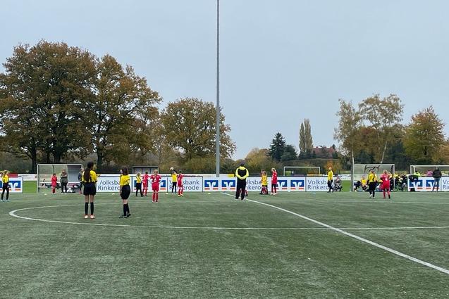 Kindermannschaft auf einem k&uuml;nstlichen Fu&szlig;ballplatz, umgeben von B&auml;umen, spielt unter grauem Himmel.