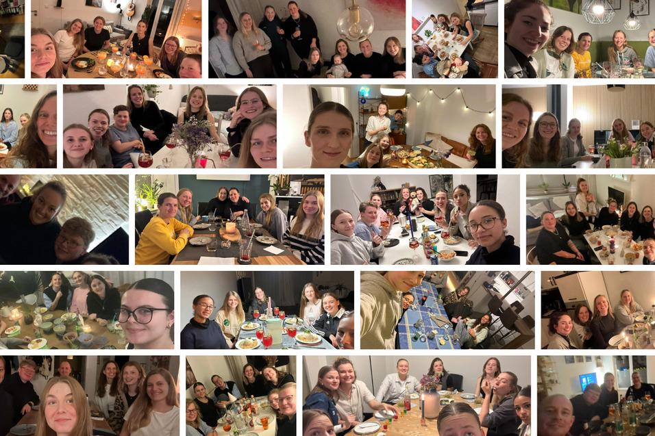 Collage von mehreren Gruppenbildern bei einem gemeinsamen Essen in verschiedenen Räumen, mit festlich gedeckten Tischen.