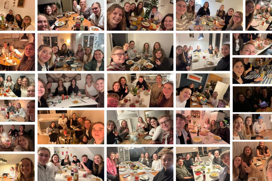 Collage von Frauen bei verschiedenen geselligen Zusammenkünften mit Essen und Getränken. Lächelnde Gesichter in unterschiedlichen Gruppen.