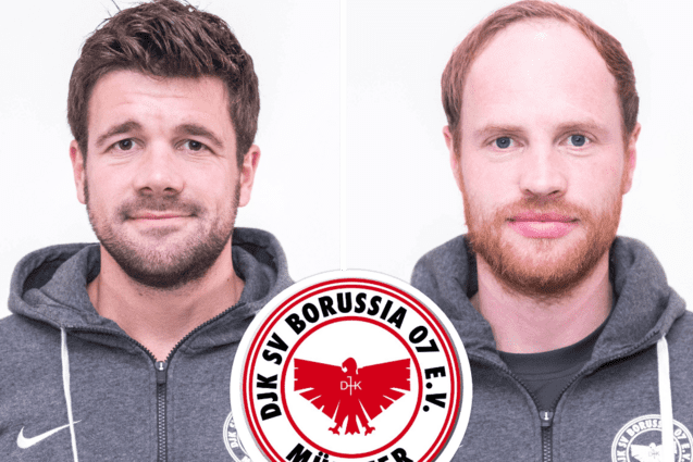 Zwei M&auml;nner in grauen Kapuzenpullis, jeder in einer Frontansicht, mit dem Logo des DJK SV Borussia M&uuml;nster in der Mitte.