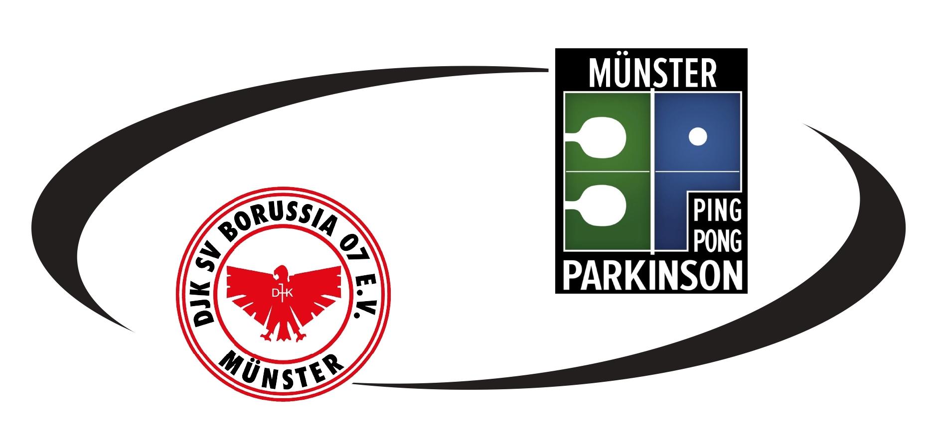 Logo der DJK SV Borussia 07 M&uuml;nster und M&uuml;nster Parkinson, umrahmt von einer geschwungenen Linie.