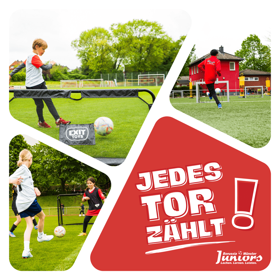 Fussballtraining auf einem Platz: Kinder dribbeln und schie&szlig;en B&auml;lle, umgeben von Toren und gr&uuml;ner Landschaft.