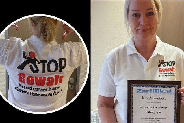 Frau h&auml;lt ein Zertifikat in der Hand, tr&auml;gt ein T-Shirt mit &bdquo;STOP Gewalt&ldquo; und zeigt auf den R&uuml;cken ihres Shirts.