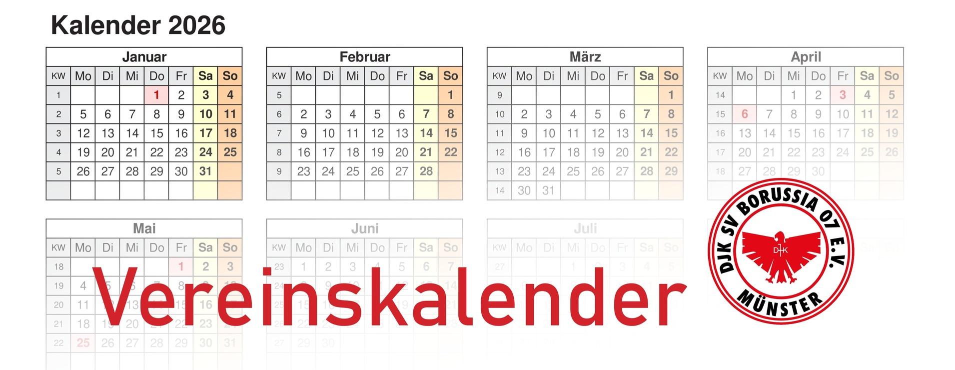 Kalender 2026 mit Monatsansichten und dem Schriftzug &bdquo;Vereinskalender&ldquo; sowie dem Logo von Borussia DJ e.V. M&uuml;nster.