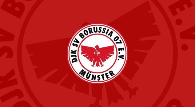 Logo des DJK SV Borussia 07 E.V. M&uuml;nster, mit einer roten Adler-Silhouette auf wei&szlig;em Hintergrund und rotem Rand.