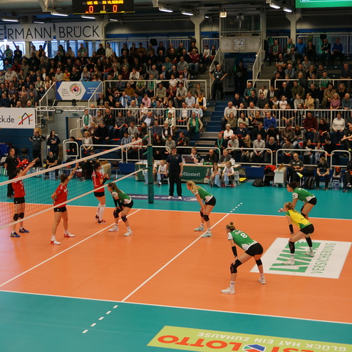 Zwei Volleyballmannschaften stehen sich auf einem Spielfeld gegen&uuml;ber, w&auml;hrend Publikum auf den Trib&uuml;nen zuschaut.