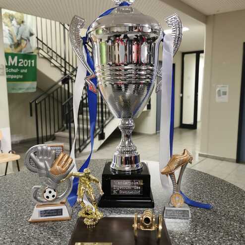 Silberner Pokal mit blauen Bändern, umgeben von kleineren Trophäen und Auszeichnungen auf einem Tisch.