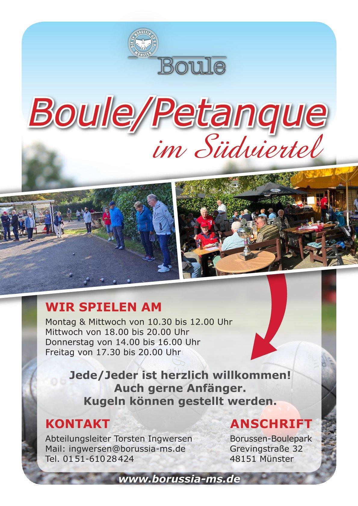 Boule-Spieler stehen im Freien, umgeben von Zuschauern; Info-Plakat zu Zeiten und Kontakt f&uuml;r Boule im S&uuml;dviertel.