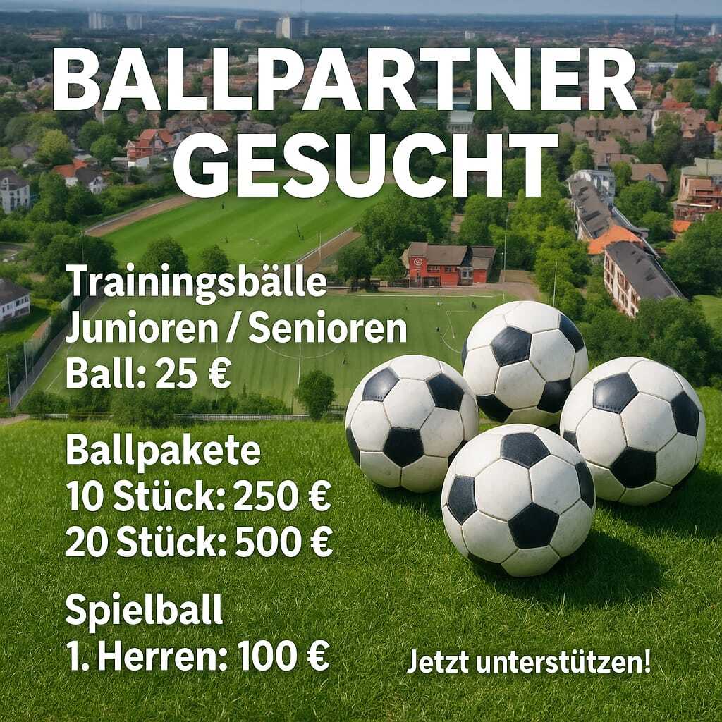 Angebot zur Suche von Ballpartnern; Preise f&uuml;r Trainingsb&auml;lle und Ballpakete auf einem Fu&szlig;ballfeld im Hintergrund.