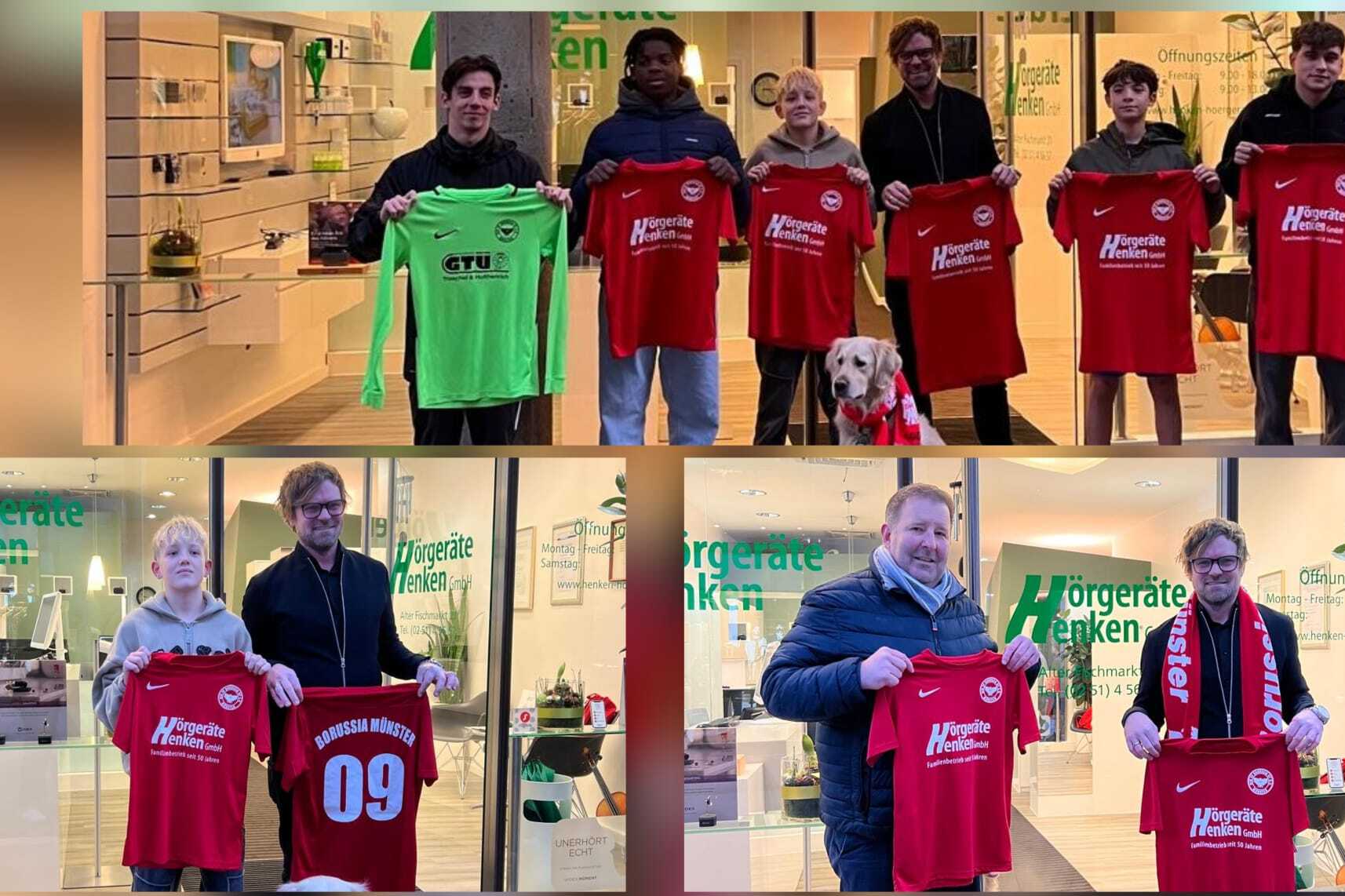 Gruppenszene mit sechs Personen, die rote Fußballtrikots vor einem Geschäft halten, darunter ein Hund.