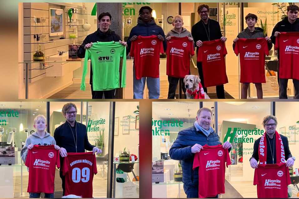 Gruppenszene mit sechs Personen, die rote Fu&szlig;balltrikots vor einem Gesch&auml;ft halten, darunter ein Hund.