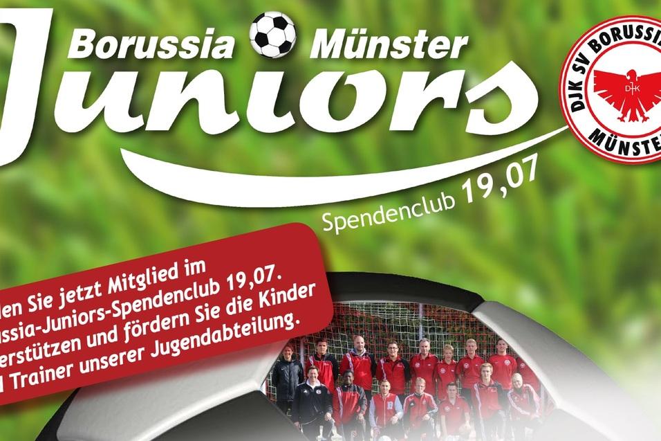 Logo von Borussia M&uuml;nster mit dem Schriftzug &bdquo;Juniors&ldquo; und dem Hinweis auf den Spendenclub 19,07 sowie eine Gruppenaufnahme von Jugendlichen in roten Trikots.