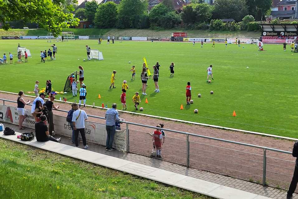 Kindermannschaften trainieren auf einem gr&uuml;nen Fu&szlig;ballplatz, umgeben von Zuschauern und weiteren Aktivit&auml;ten.