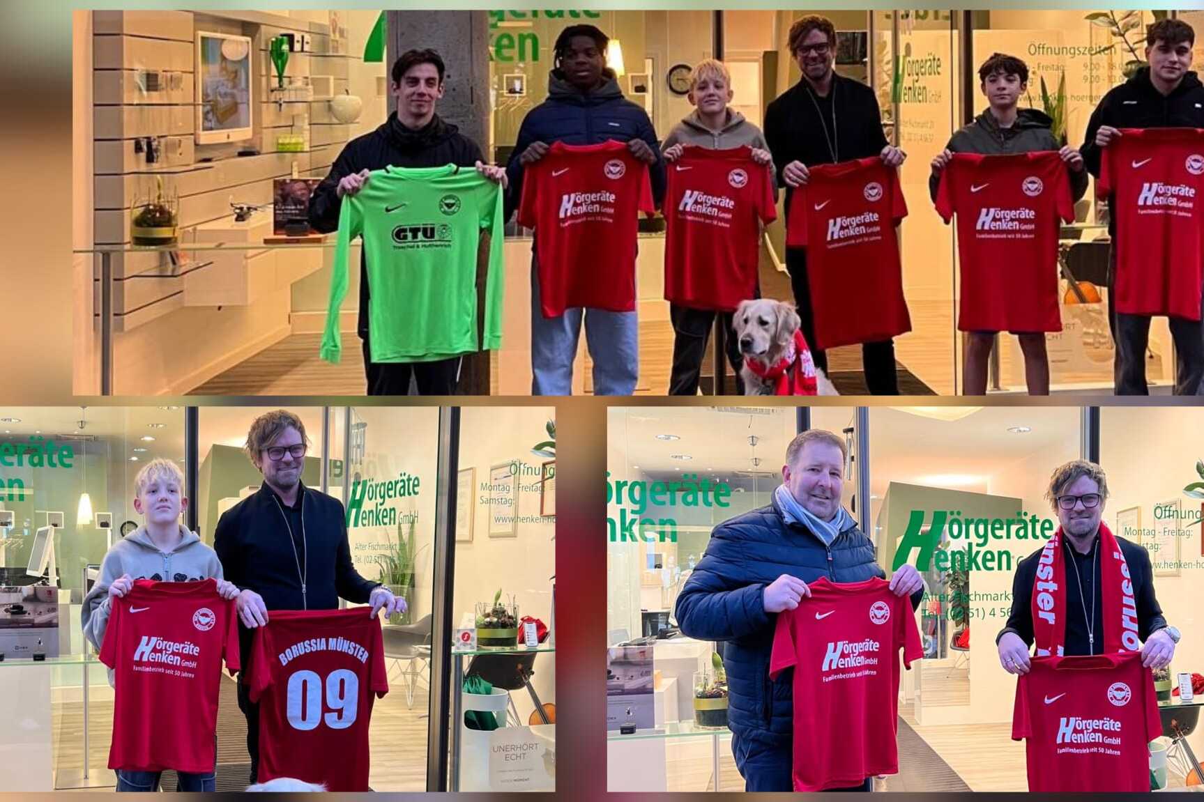 Gruppenszene mit sechs Personen, die rote Fu&szlig;balltrikots vor einem Gesch&auml;ft halten, darunter ein Hund.