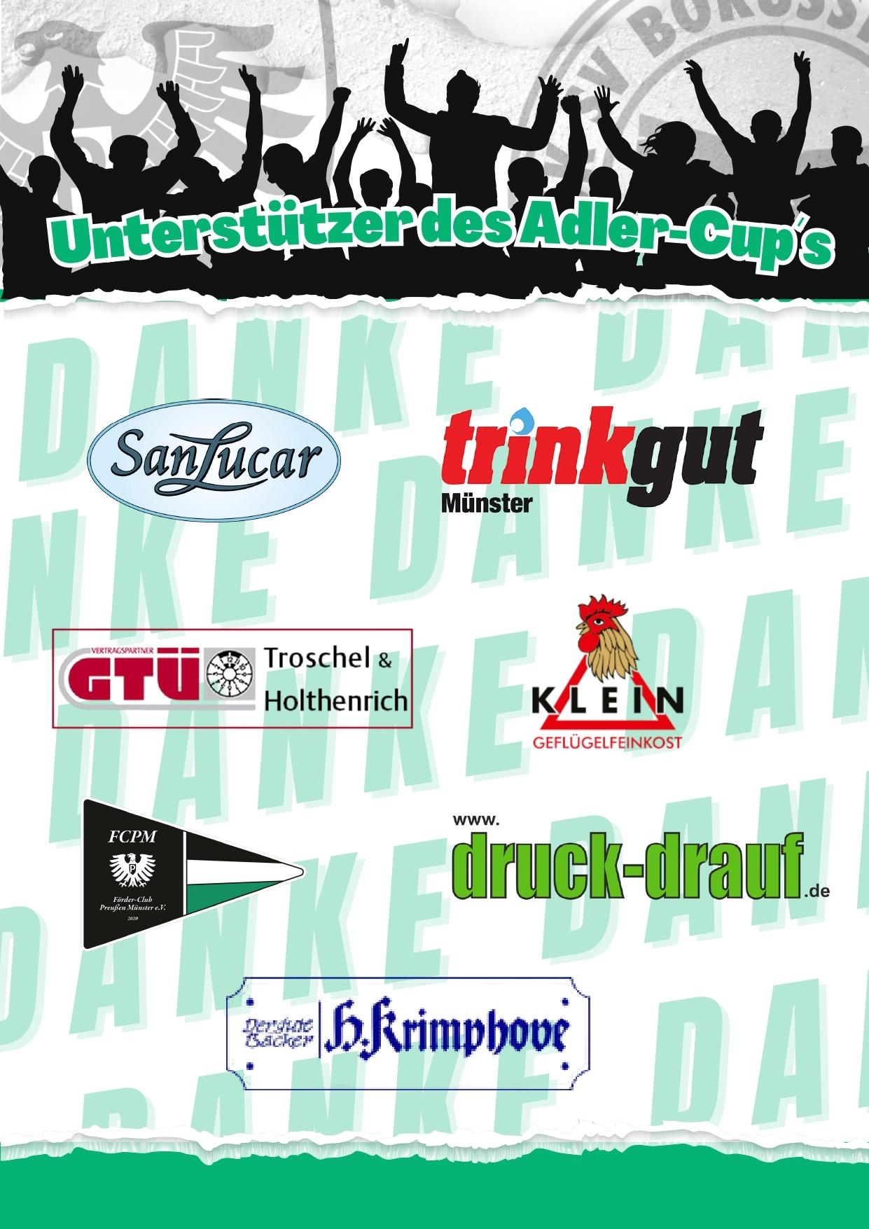 Banner mit Logos von Sponsoren des Adler-Cups, &uuml;berlagert von &bdquo;Danke&ldquo;-Texten in verschiedenen Gr&ouml;&szlig;en.