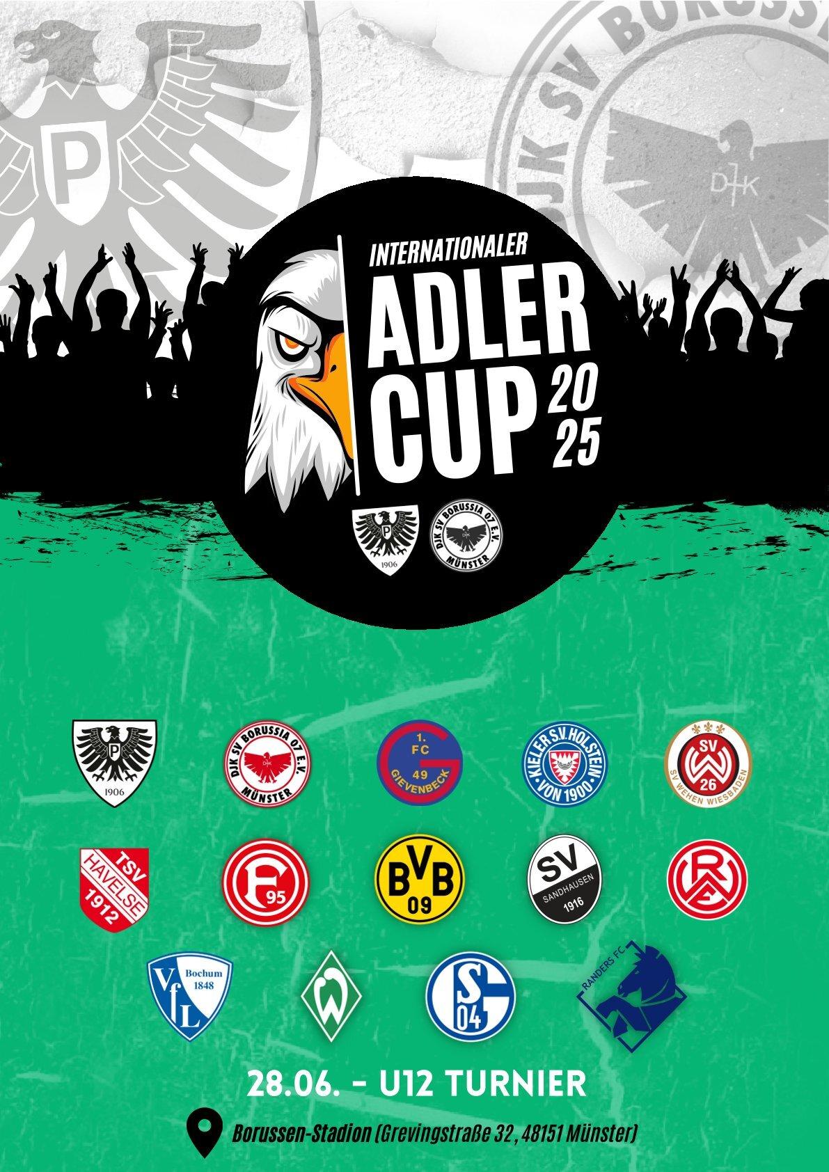 Grafik f&uuml;r den Adler Cup 2025: Logos von Fu&szlig;ballvereinen und Datum des U12 Turniers im Borussen-Stadion M&uuml;nster.
