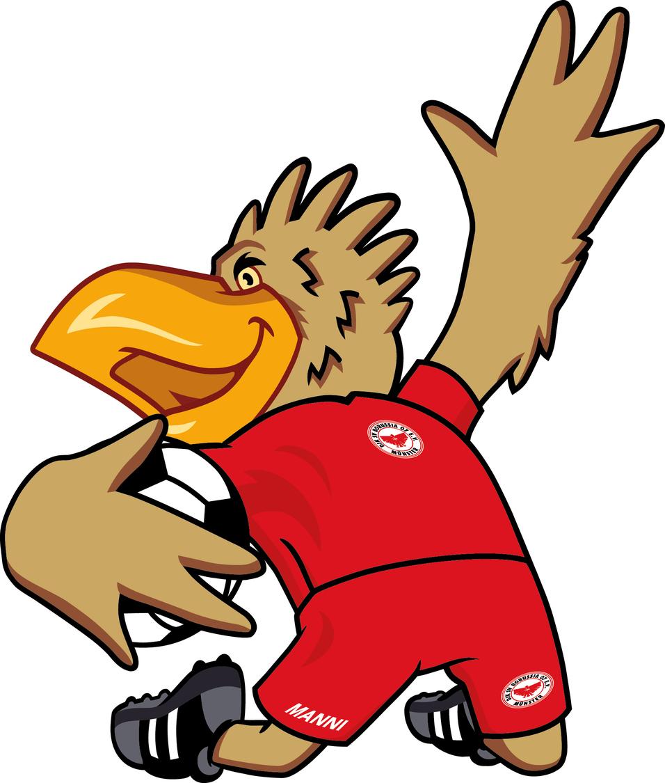 Cartoonartiger Vogel mit Fu&szlig;ball in rotem Trikot, der zum Schuss ansetzt, auf einem wei&szlig;en Hintergrund.