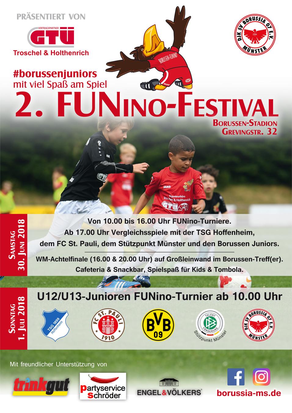 Plakat zum 2. FUNino-Festival im Borussen-Stadion, mit Informationen zu Turnieren und Spielen.