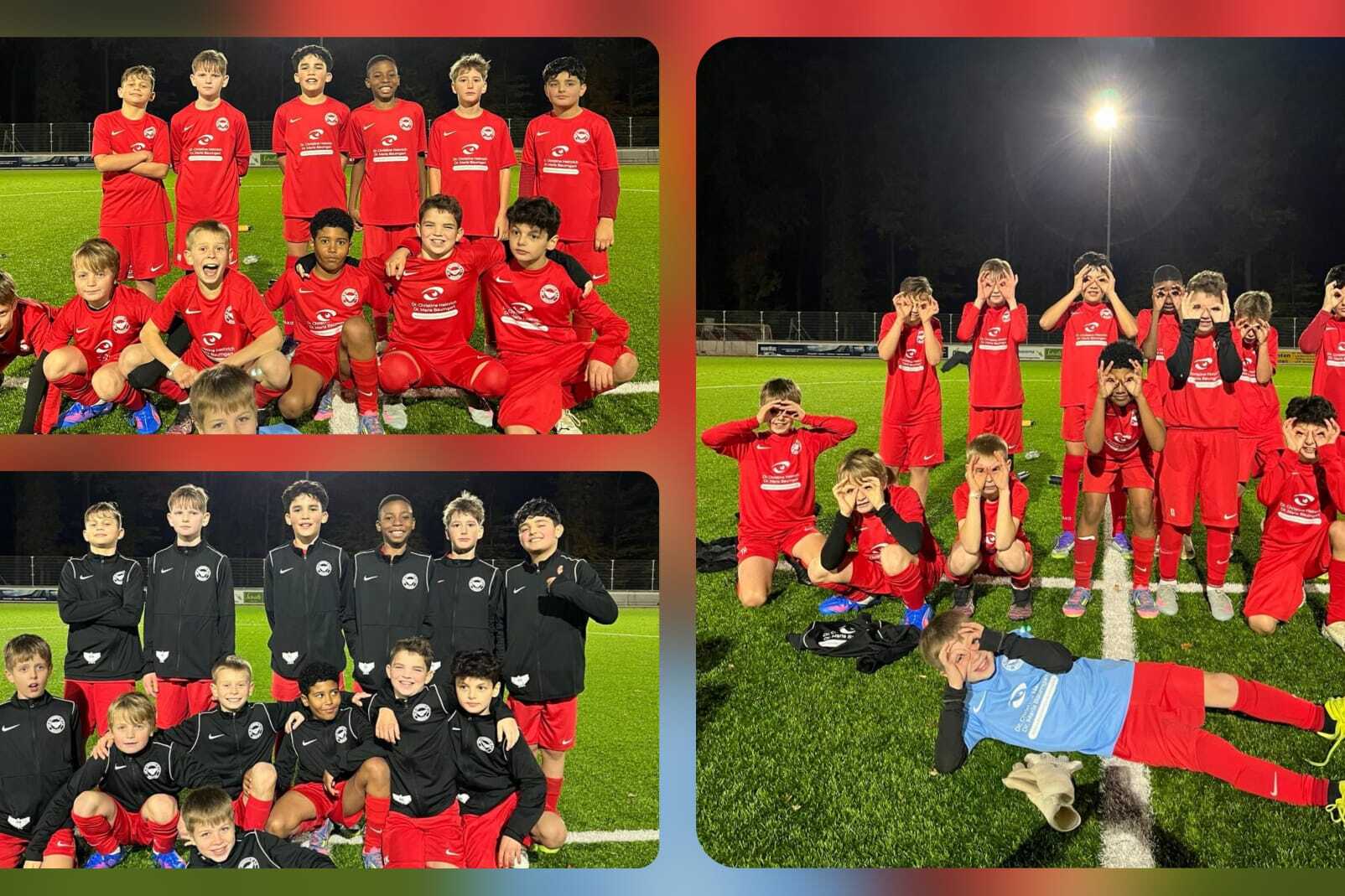 Drei Gruppenbilder von einer Fu&szlig;ballmannschaft in roten Trikots, posierend auf einem beleuchteten Platz.