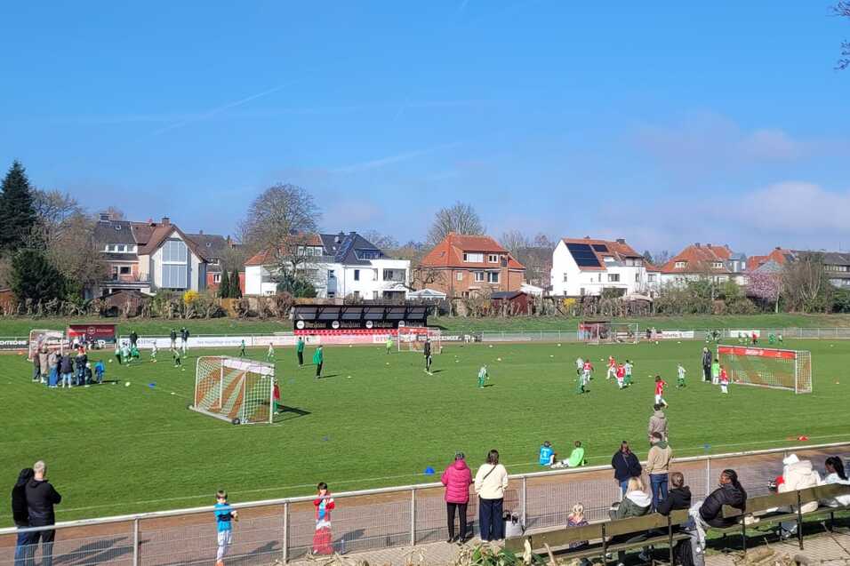 Fu&szlig;ballplatz mit Spielern und Zuschauern, umgeben von B&auml;umen und H&auml;usern unter blauem Himmel.
