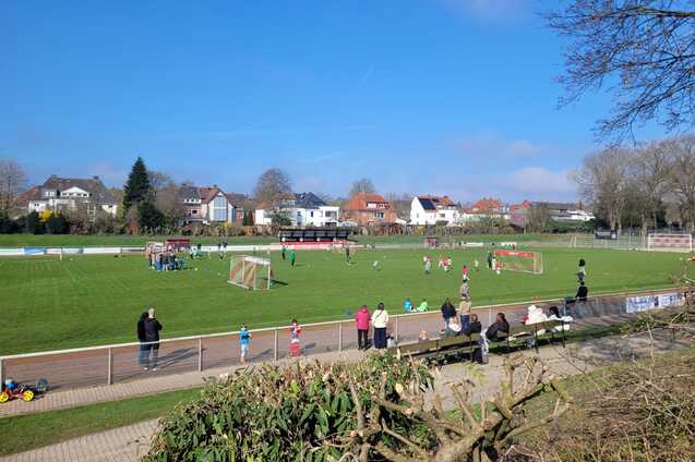 Fu&szlig;ballplatz mit Spielern und Zuschauern, umgeben von B&auml;umen und H&auml;usern unter blauem Himmel.
