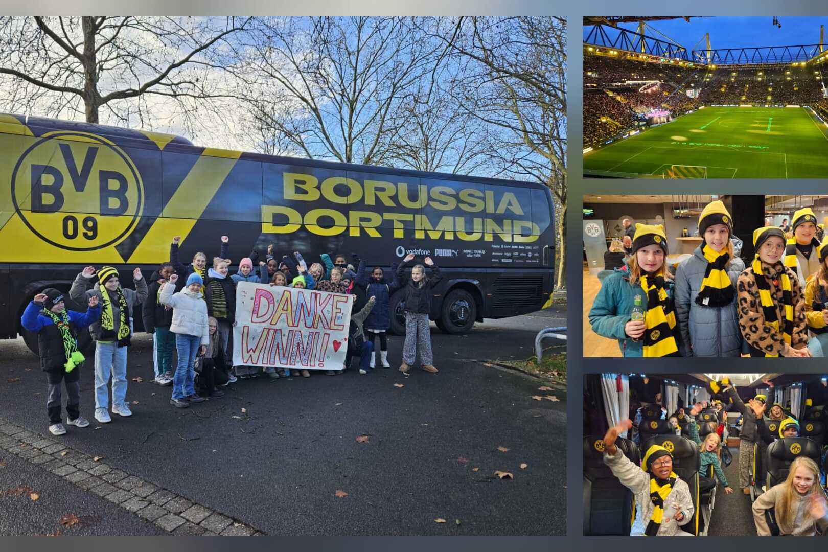 Gruppe von Fans mit Banner vor dem Borussia Dortmund Bus, umgeben von Stadionimpressionen und jubelnden Anh&auml;ngern.