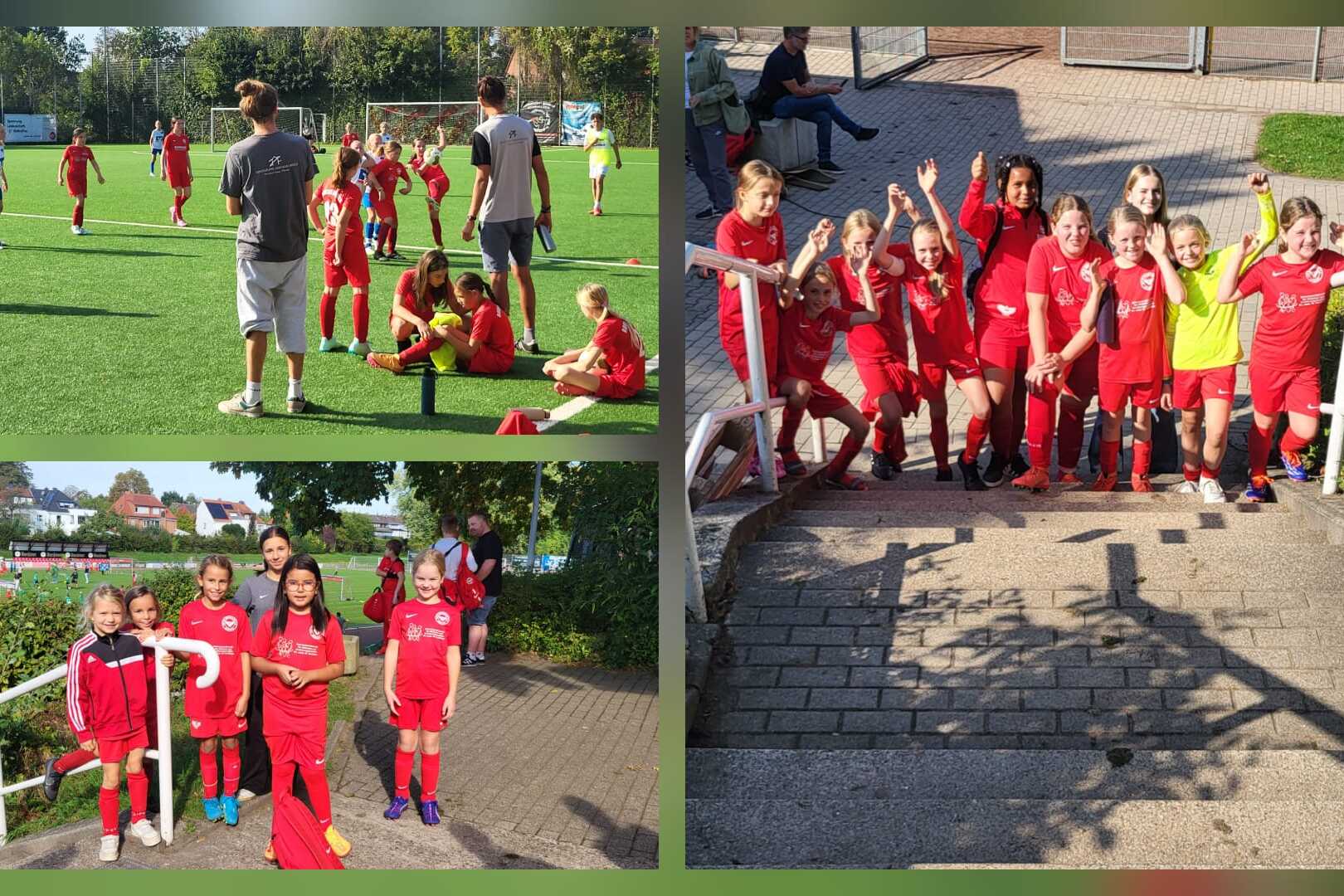 Verschiedene Gruppen von Kindern in roten Fu&szlig;balltrikots auf einem Sportplatz, einige jubeln, andere ruhen sich aus.