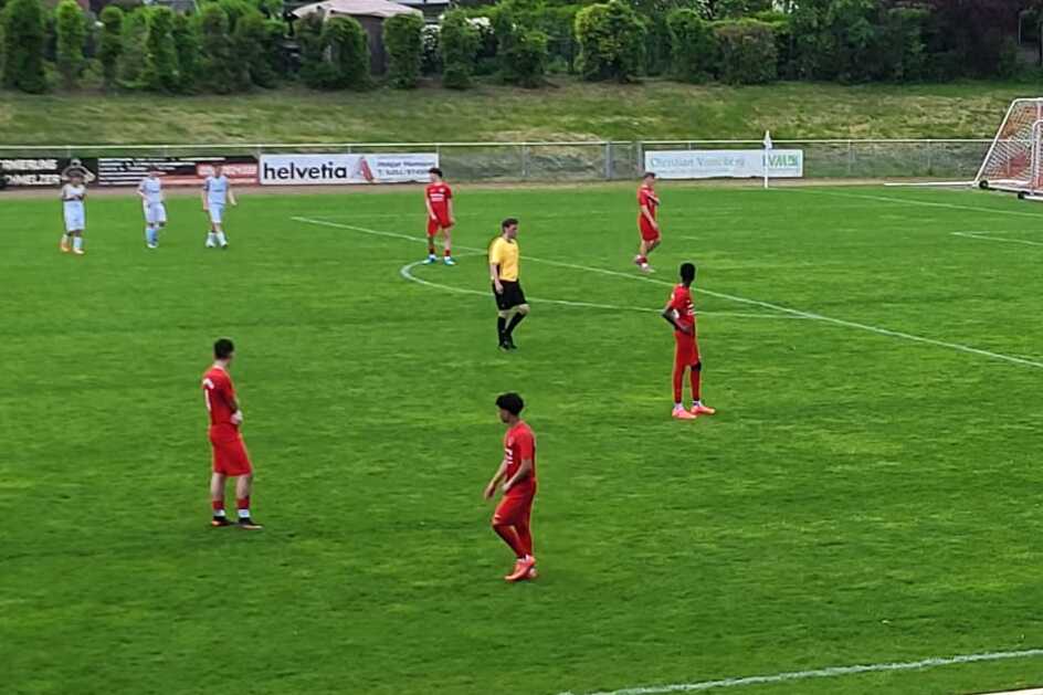Fu&szlig;ballspiel auf einem Rasenplatz mit Spielern in roten Trikots, Referee und Tore im Hintergrund.