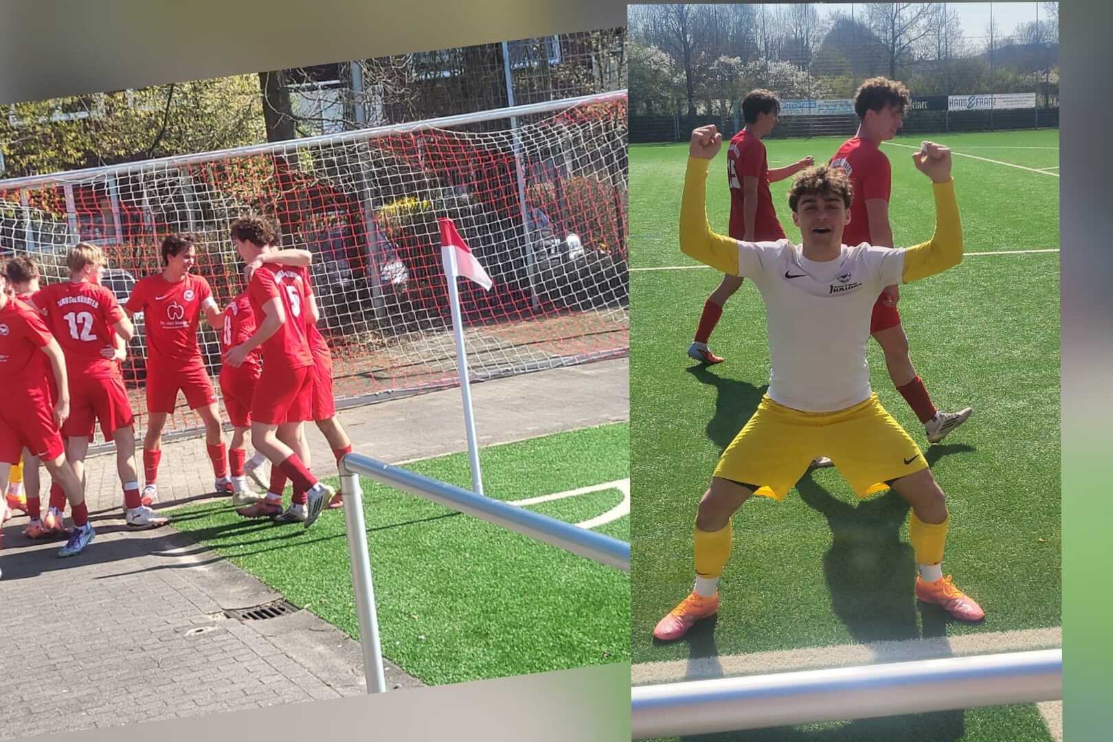 Fu&szlig;ballszene: Spieler in roten Trikots jubeln vor dem Tor, w&auml;hrend ein Torwart in gelber Kleidung feiert.