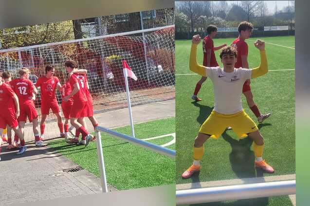 Fu&szlig;ballszene: Spieler in roten Trikots jubeln vor dem Tor, w&auml;hrend ein Torwart in gelber Kleidung feiert.
