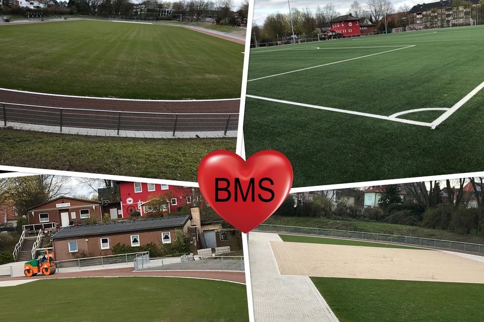Vierteilige &Uuml;bersicht eines Sportgel&auml;ndes mit Rasen-, Kunstrasenpl&auml;tzen und einem Sandfeld. Herz mit &bdquo;BMS&ldquo; in der Mitte.