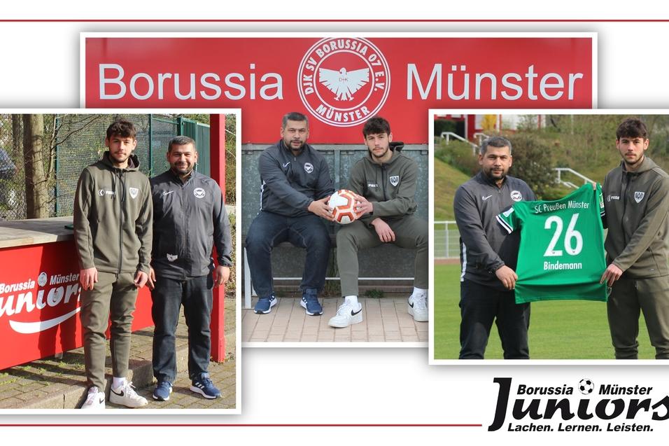 Drei Bilder von Borussia M&uuml;nster Juniors: Spieler mit Trainer, Fu&szlig;ball in der Mitte und Spieler mit Trikotnummer 26.