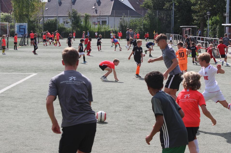Gruppentraining von Kindern auf einem Fu&szlig;ballplatz, viele Spieler in bunten Shirts und Shorts, &uuml;ber verschiedene Aktivit&auml;ten verteilt.