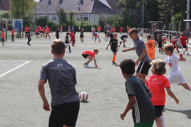 Gruppentraining von Kindern auf einem Fu&szlig;ballplatz, viele Spieler in bunten Shirts und Shorts, &uuml;ber verschiedene Aktivit&auml;ten verteilt.