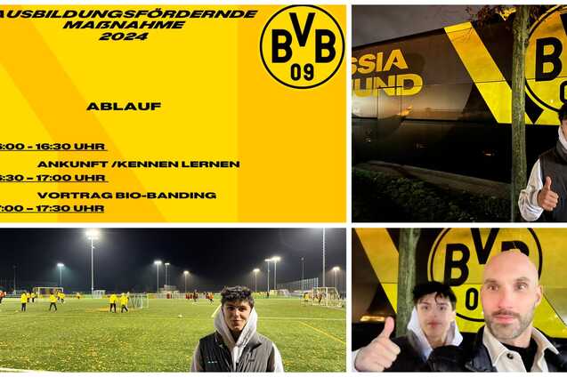 Gelbes Informationsblatt mit Programmablauf f&uuml;r eine Ausbildungsma&szlig;nahme von Borussia Dortmund, umgeben von Bildern der Veranstaltung.