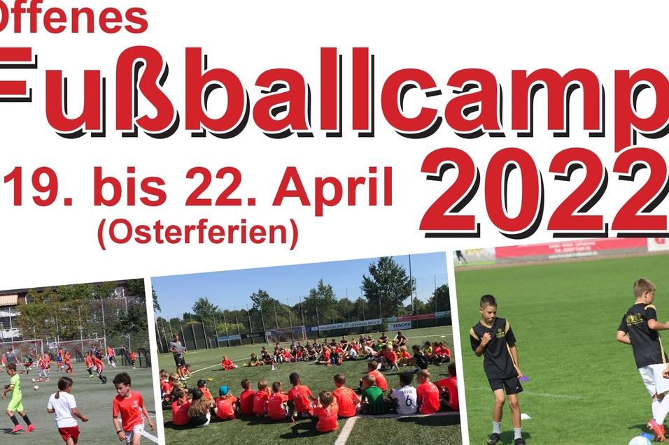 Banner f&uuml;r ein Fu&szlig;ballcamp mit Kindern in roten Trikots, Datum: 19. bis 22. April 2022, Osterferien.