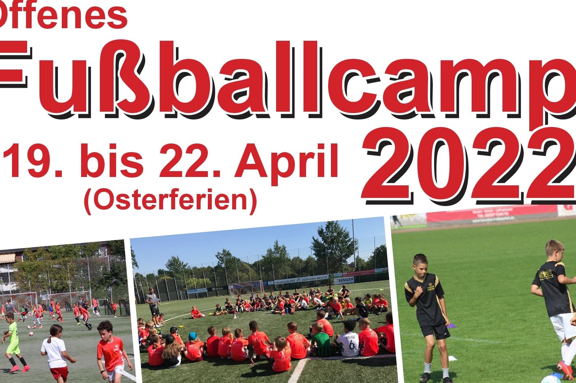 Banner für ein Fußballcamp mit Kindern in roten Trikots, Datum: 19. bis 22. April 2022, Osterferien.