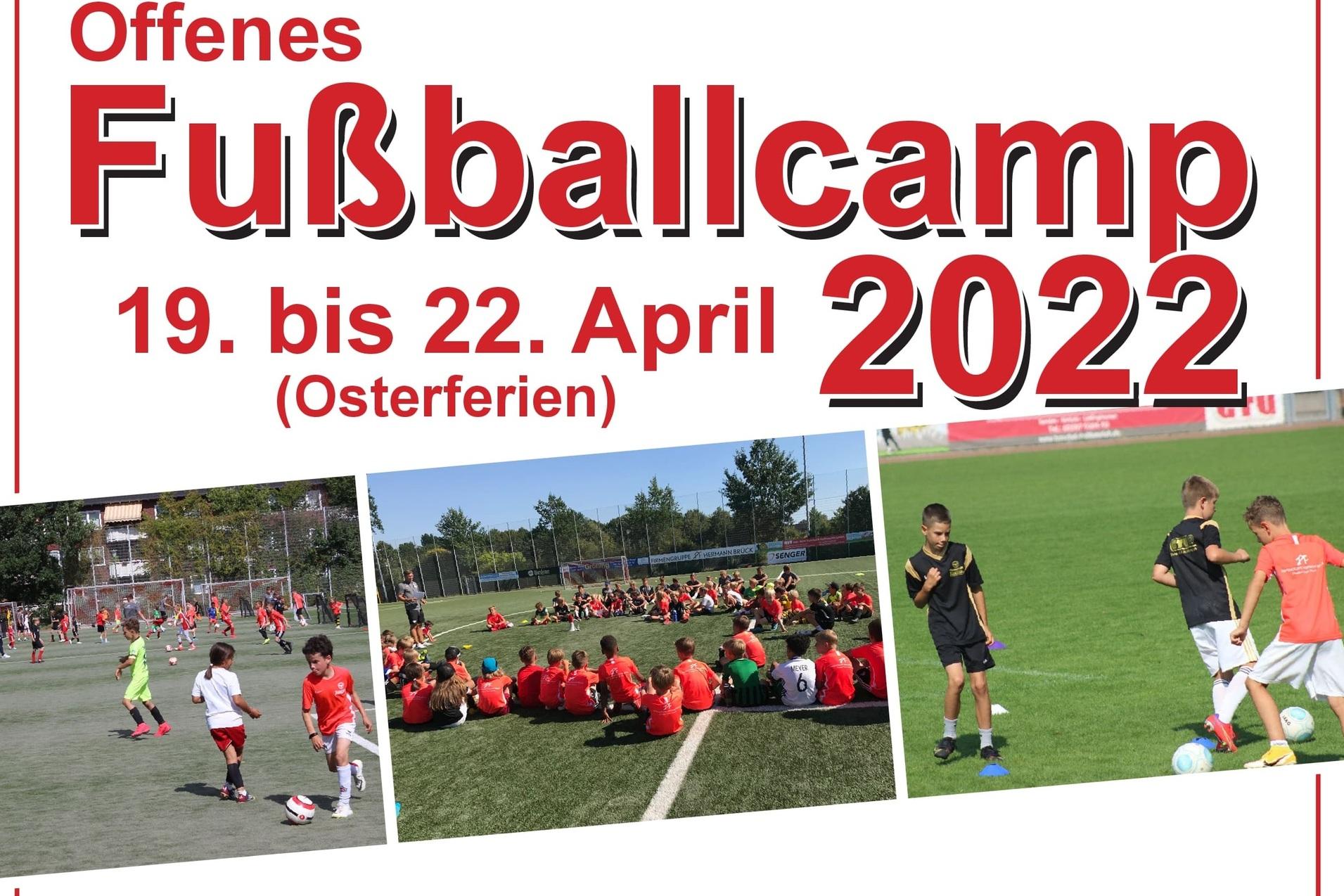 Banner f&uuml;r ein Fu&szlig;ballcamp mit Kindern in roten Trikots, Datum: 19. bis 22. April 2022, Osterferien.
