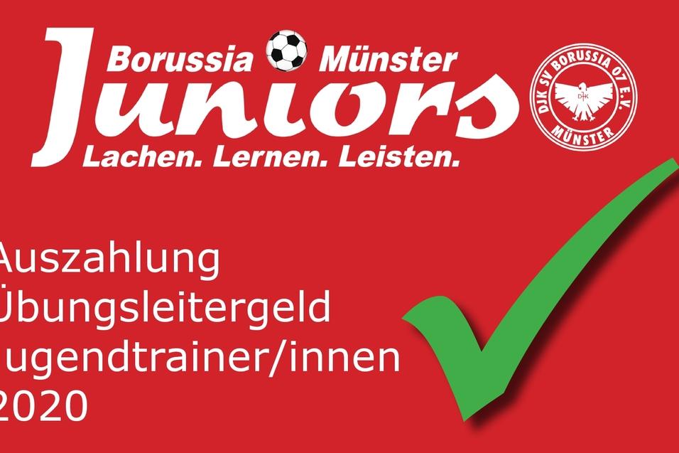 Logo von Borussia M&uuml;nster Junior mit Text zur Auszahlung von &Uuml;bungsleitergeld f&uuml;r Jugendtrainer 2020 auf rotem Hintergrund.